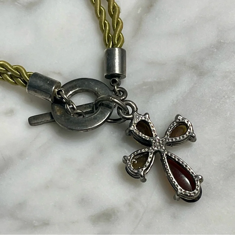 Smoky Topaz Cross Bracelet w/twisted green silk cord & .925 silver toggle clasp - Picture 3 of 8